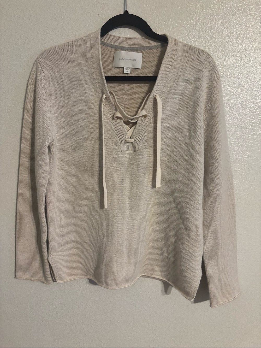 Brochu Walker Beige Lace-Up V-Neck Wool/Cashmere Blend Sweater
